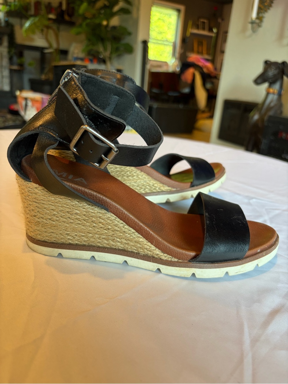 MIA Black Leather Wedge Espadrille Sandals with Ankle Buckle